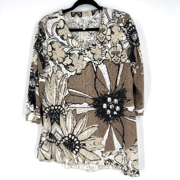 Lulu-B Women's Small‎ 3/4 Sleeve Asymmetric Floral Print Retro Small Artsy Tan - Picture 1 of 10